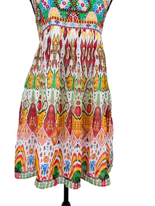 Abito Mini Zara con Bustino Ricamato Stile Etnico e Stampa Ikat