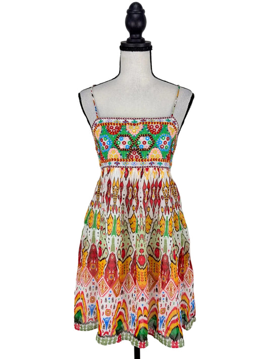 Abito Mini Zara con Bustino Ricamato Stile Etnico e Stampa Ikat